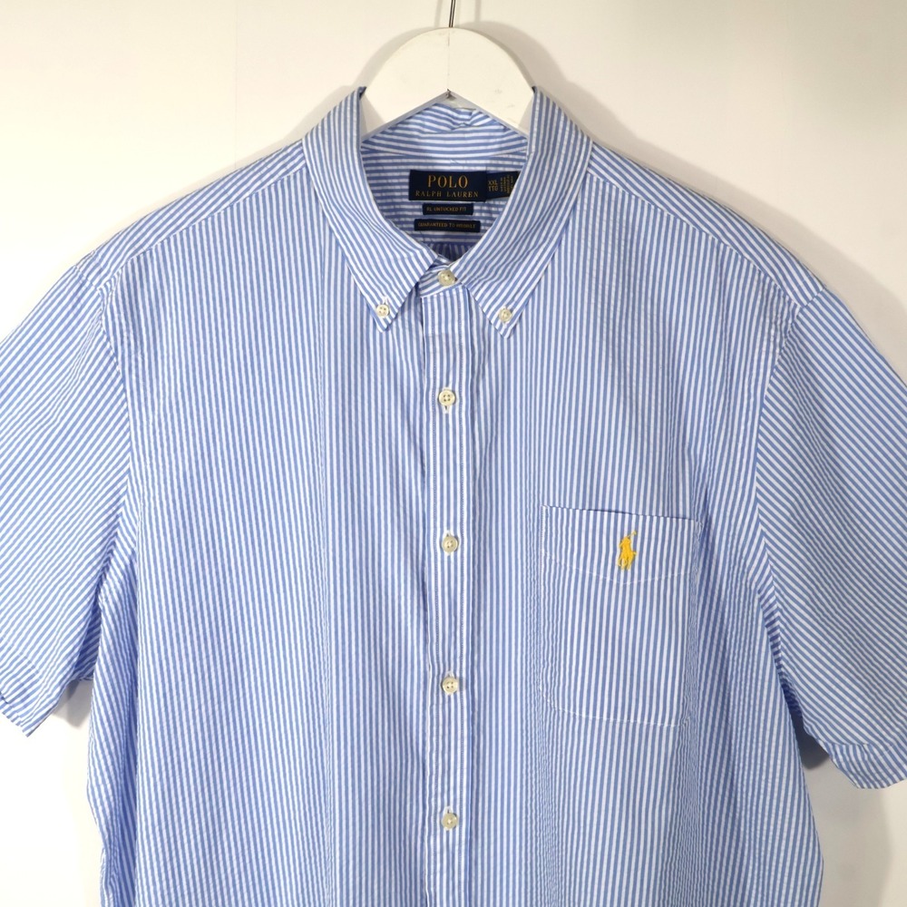 Polo Ralph Lauren Mens Blue Striped Seersucker Untucked Fit 2XL XXL Button-Down